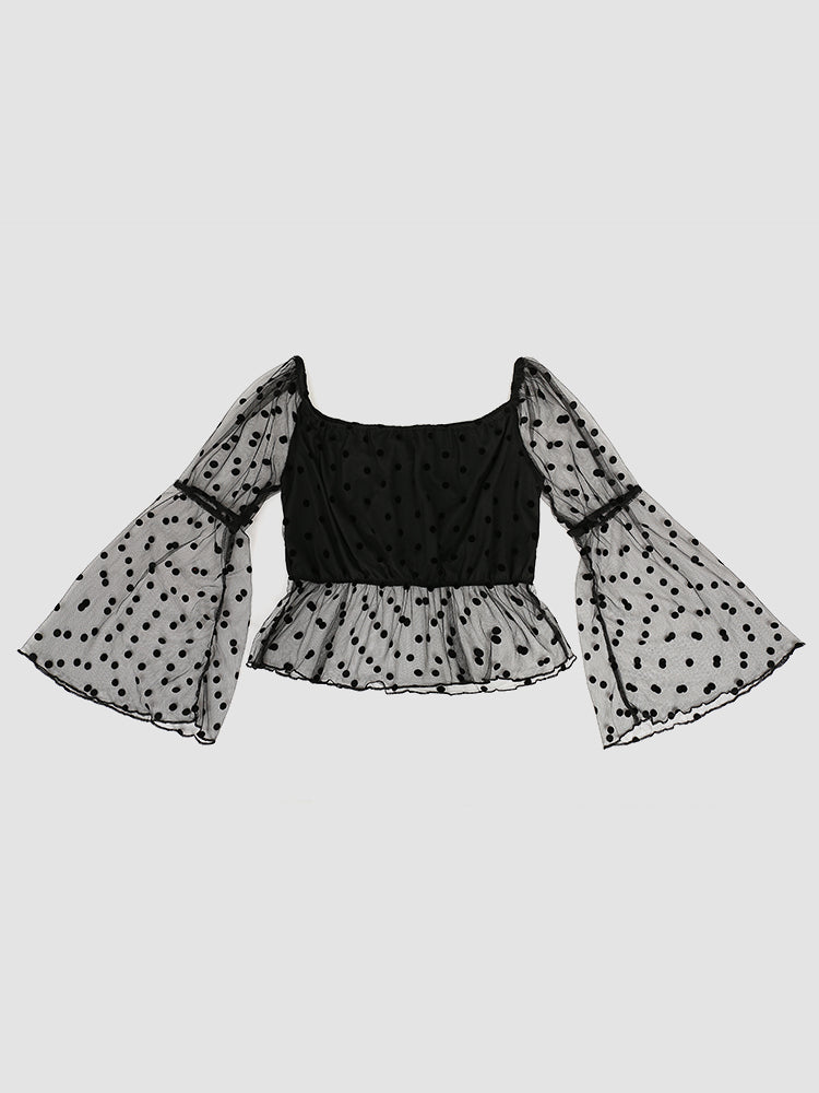 Dot Mesh Ruffle Hem Blouse