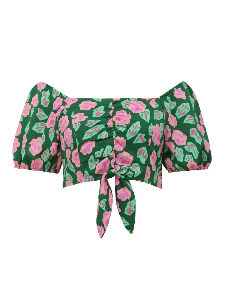 Floral Square Neck Knotted Top