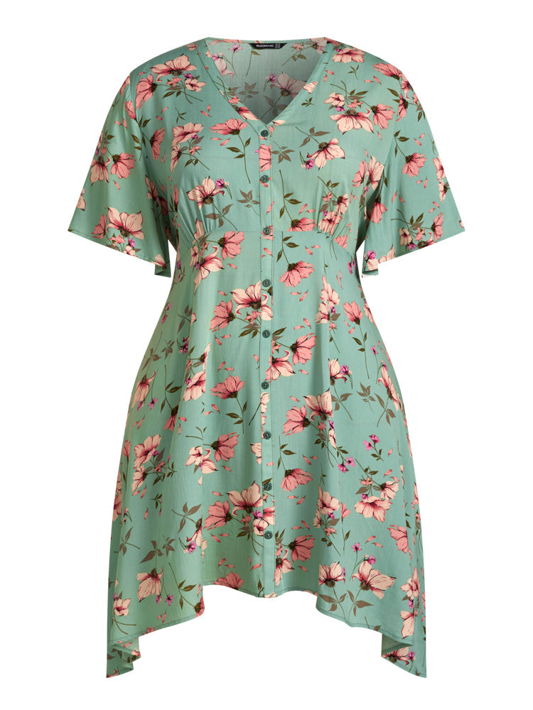 Bloom Dress - Asymmetrical Hem Button Floral Short Dress
