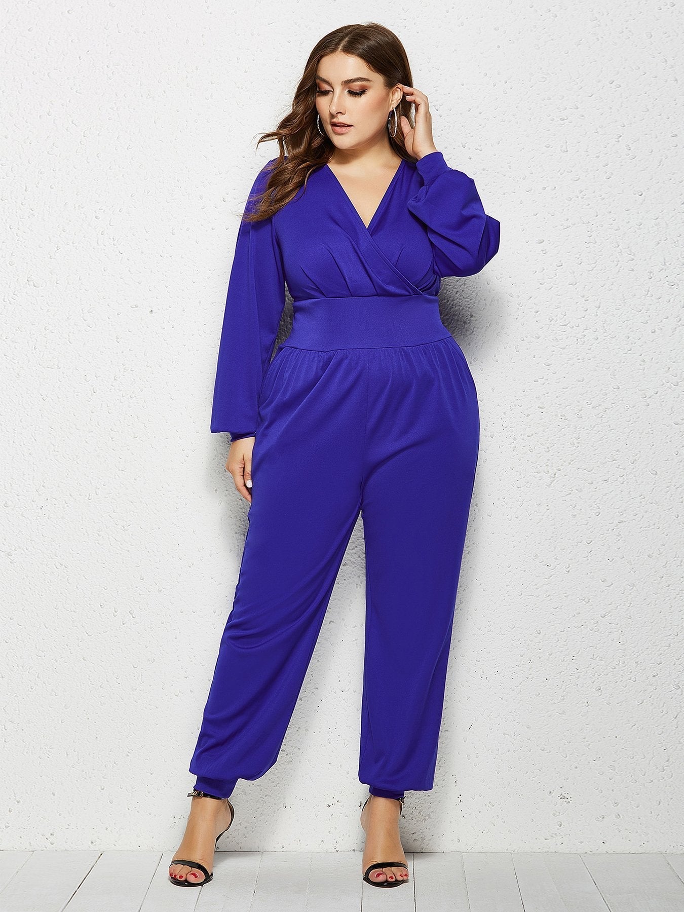 V-neck Wrap Solid Color Jumpsuits