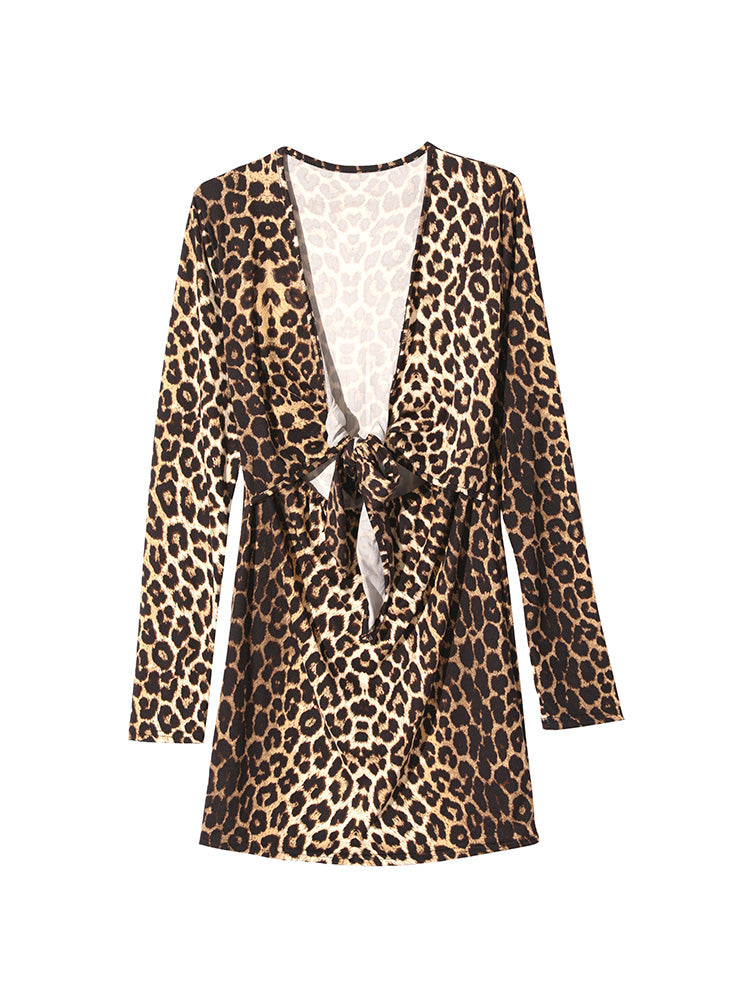 Leopard Ties Belted Deep V-Neck Dress