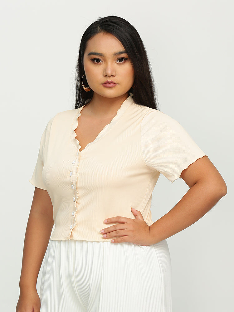 Frill Neckline Button T-Shirt