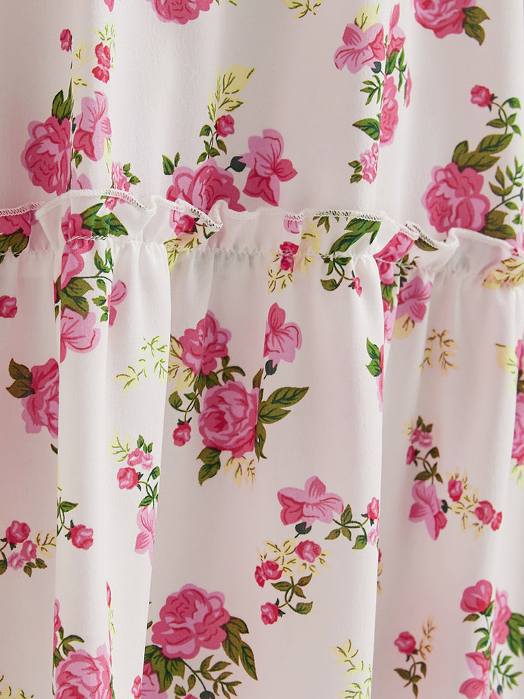 Puff Sleeve Ditsy Floral Frill Trim Shirred Dress