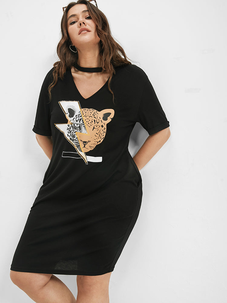 Leopard Choker Neck Short Tee Dress