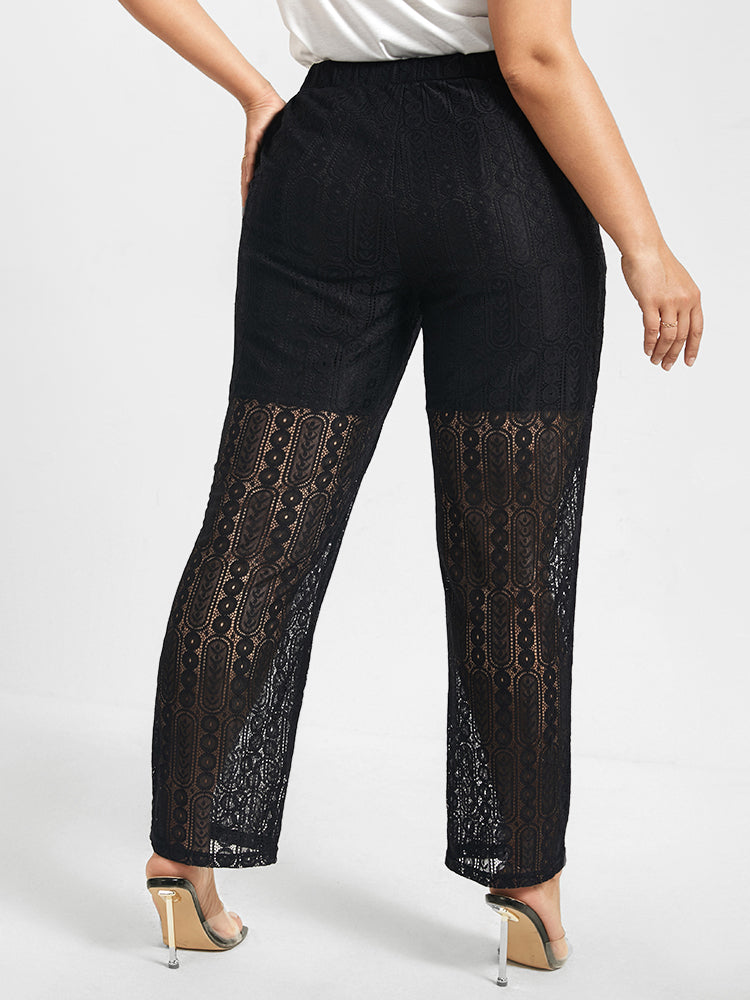 Solid Pocket Crochet Lace Straight Pants