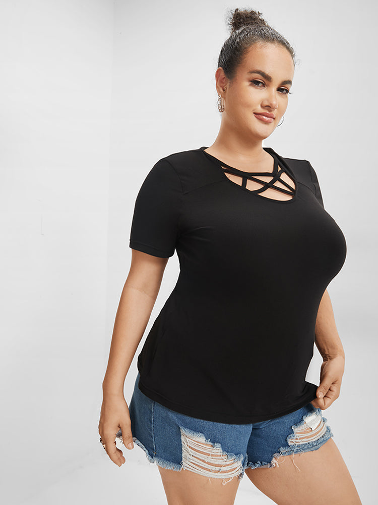 Solid Keyhole Cut-Out V Neck T-shirt