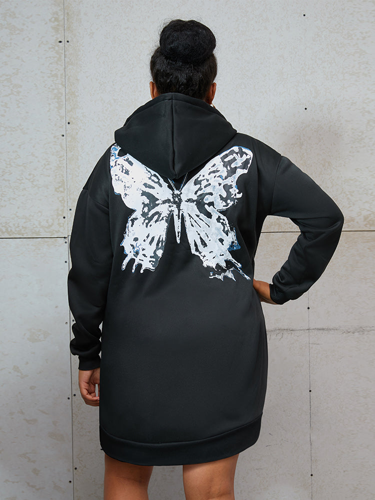 Graphic Zipper Drawstring Sweatshirt Dress