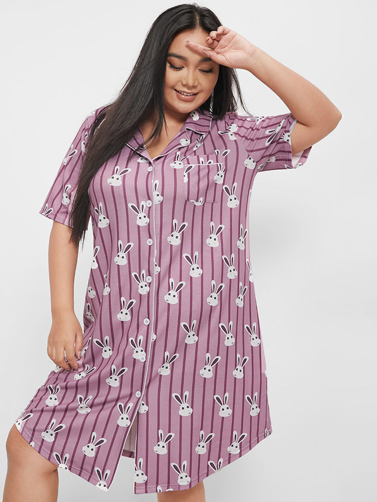 Striped Rabbit Pattern Pocket Button Lounge Dress