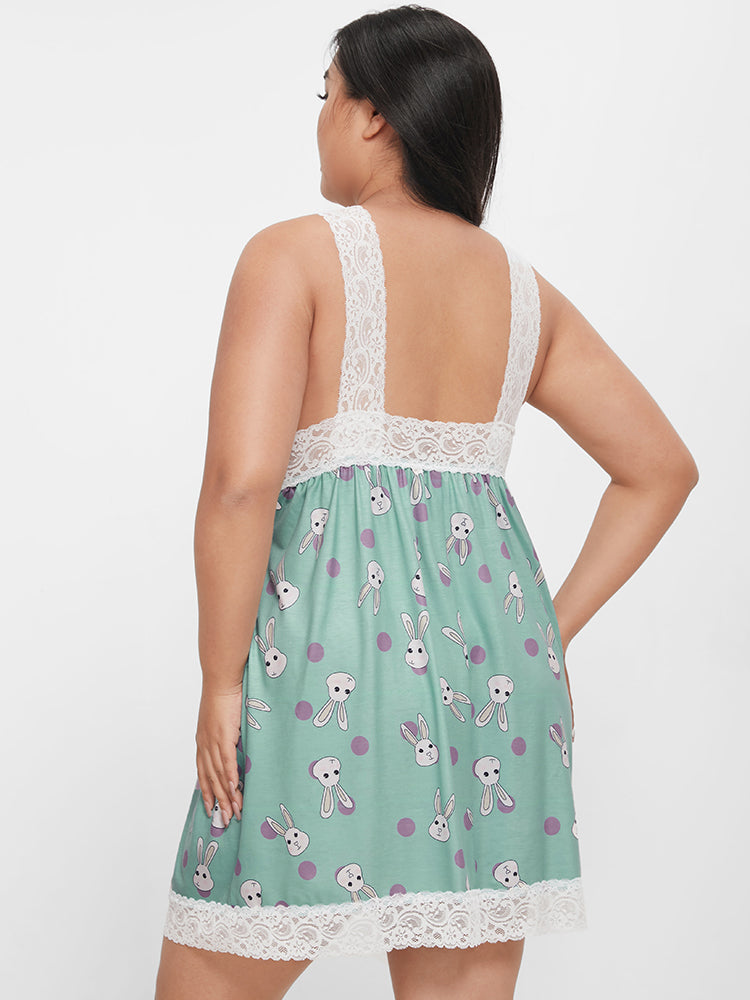 Modal Contrast Lace Rabbit Print Sleep Cami Dress