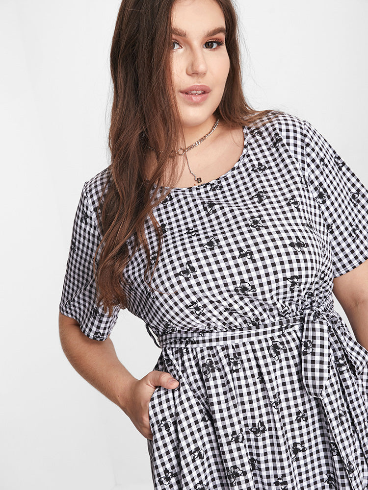 Butterfly & Plaid Print Pocket Belted Dress