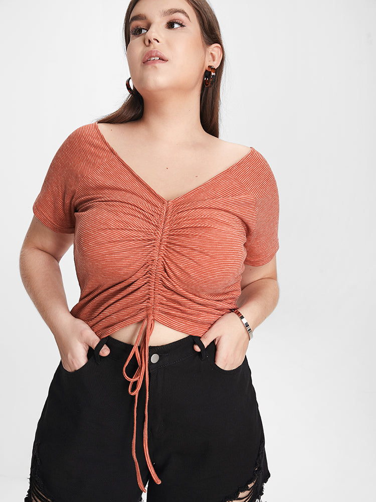 Striped V Neck Drawstring Ruched T-shirt