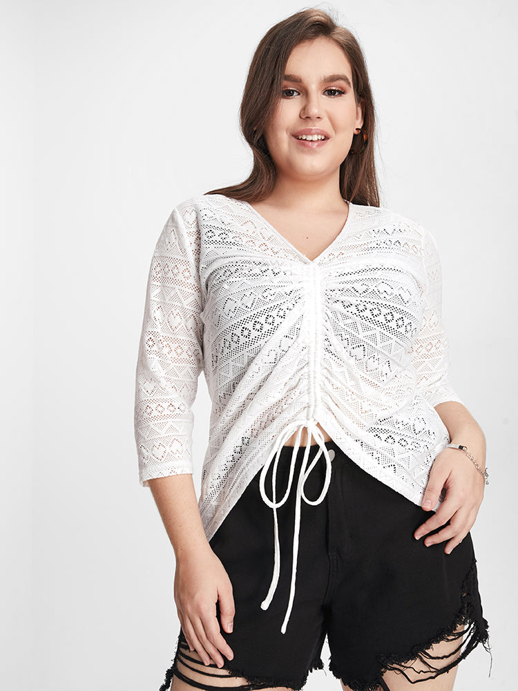 Plain V Neck Drawstring Eyelet Top