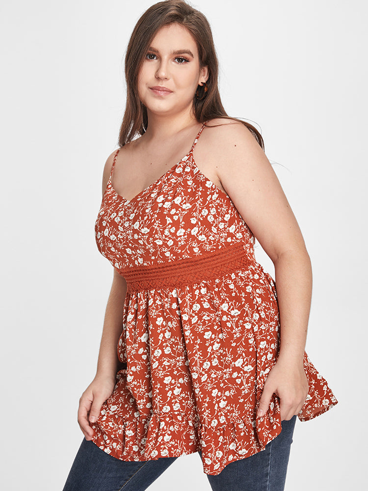 Ditsy Floral Lace Inset Ruffle Tank Top