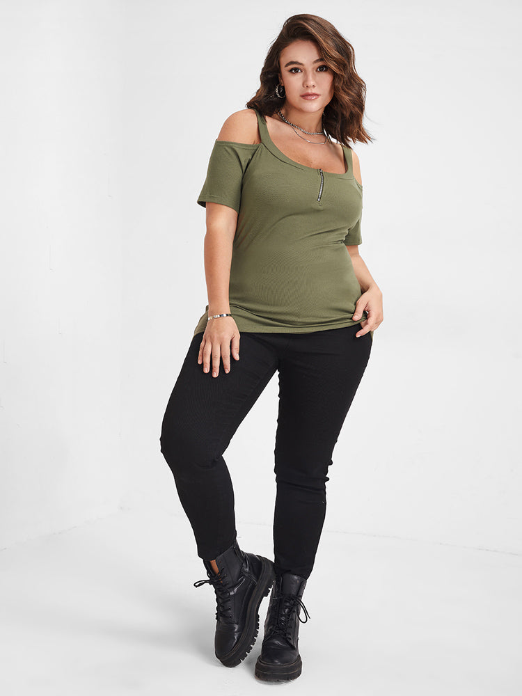 Cold Shoulder Half Zip T-shirt