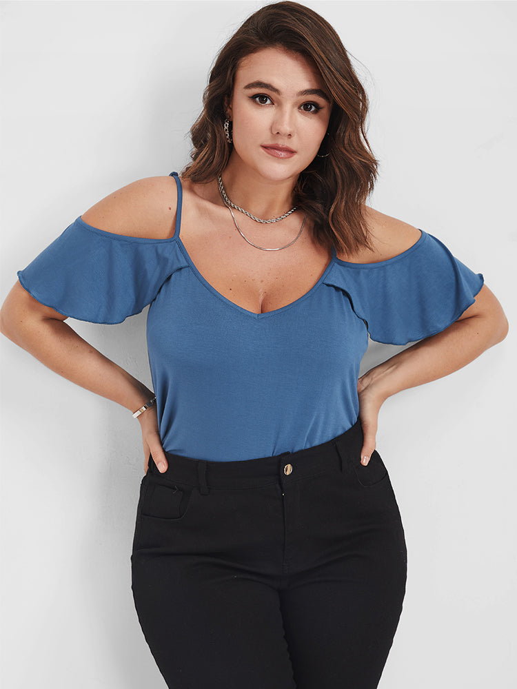 Solid Ruffles Cold Shoulder Tee