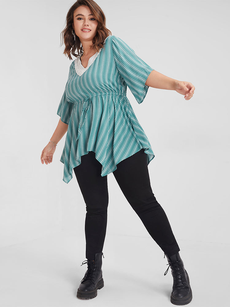 Striped Contrast Lace Hanky Hem Blouse