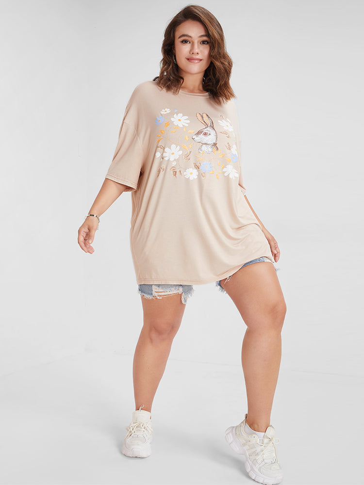 Animal & Floral Print Drop Shoulder T-shirt