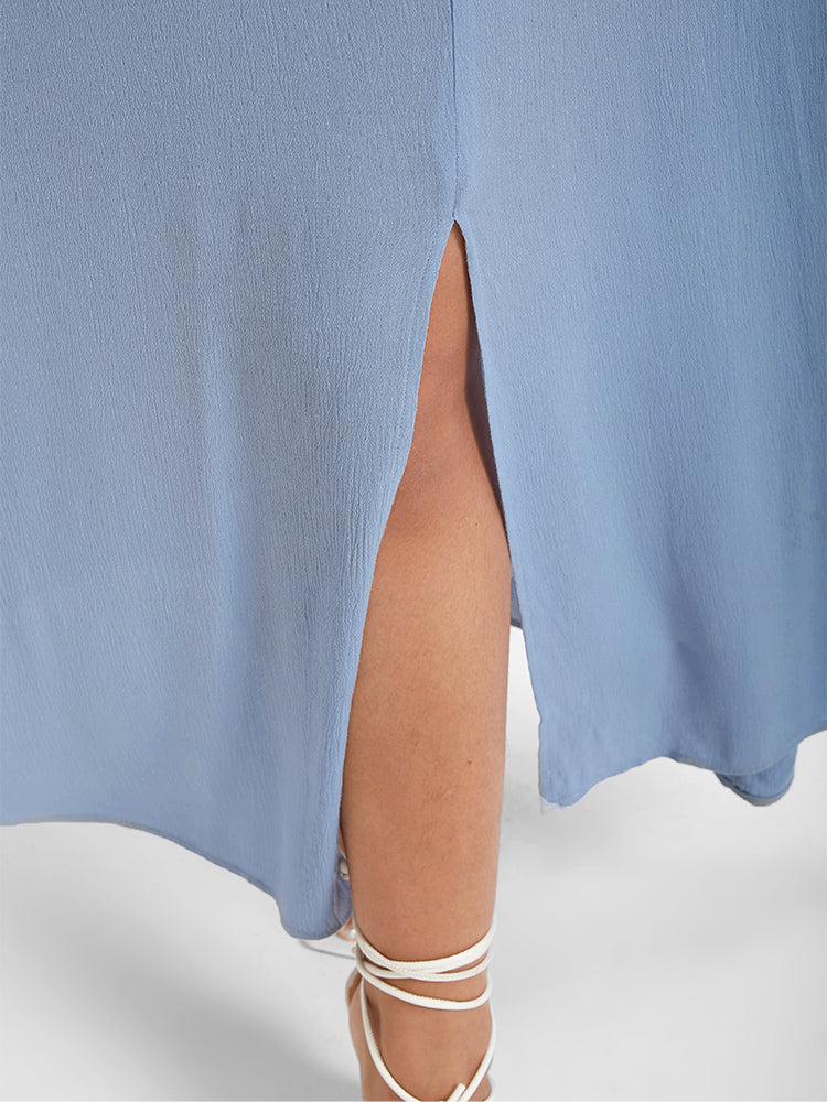 Solid V Neck Button Split Maxi Dress