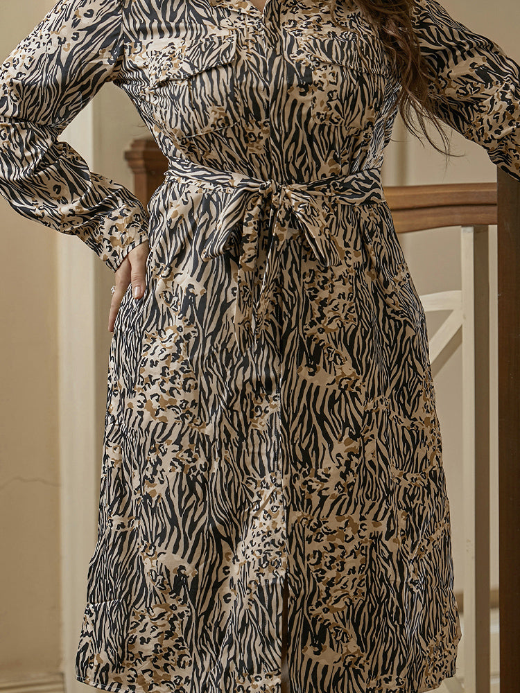 Leopard Patchwork Ties Pocket Shirt Dress