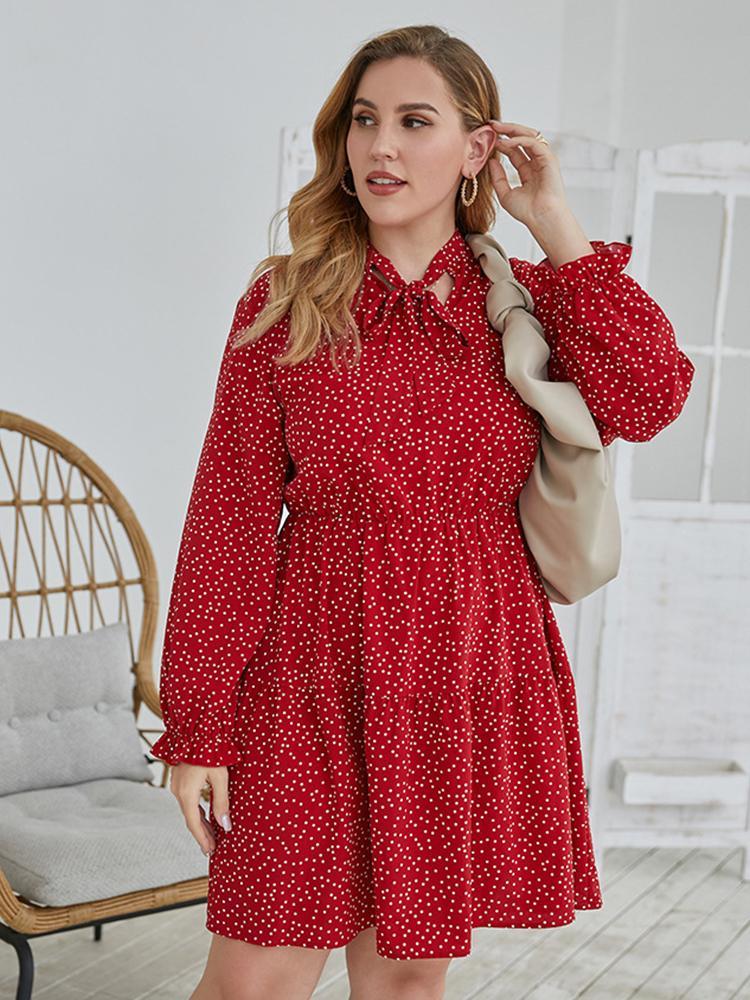 Dot Printed Cravat Pleated Dress