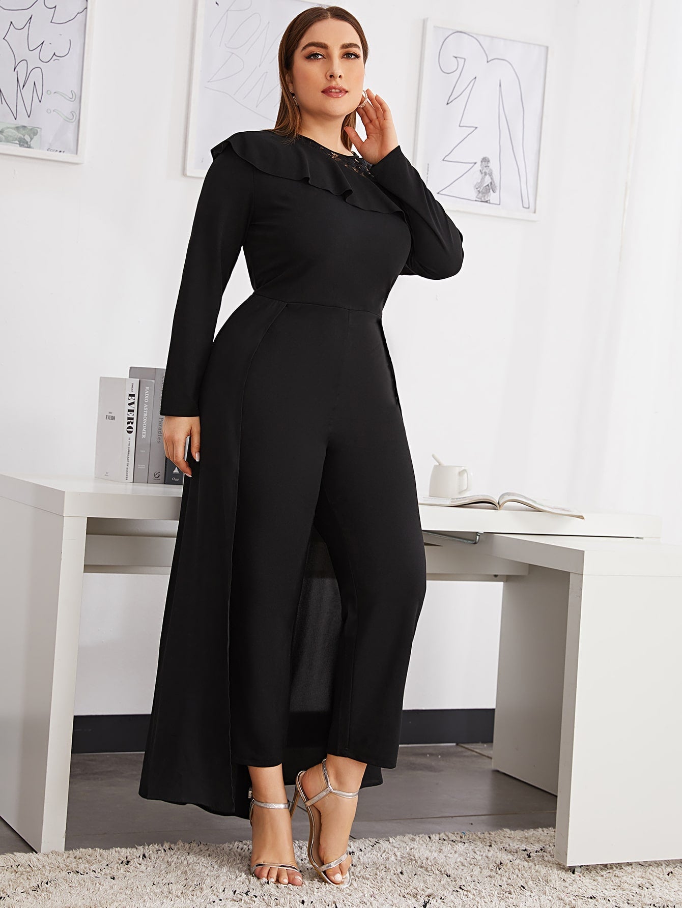 Lace Insert Ruffle Trim Skirt Overlay Jumpsuit Without Belt