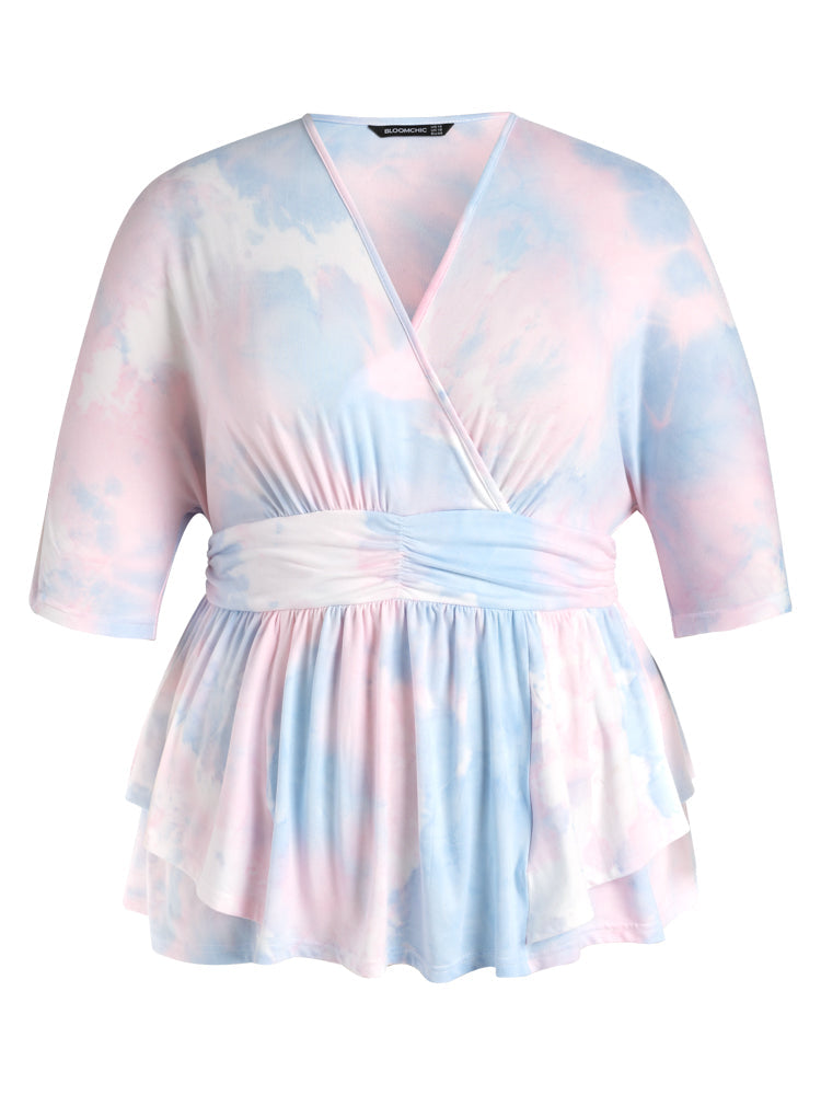 Tie Dye Ruffles V Neck Tee