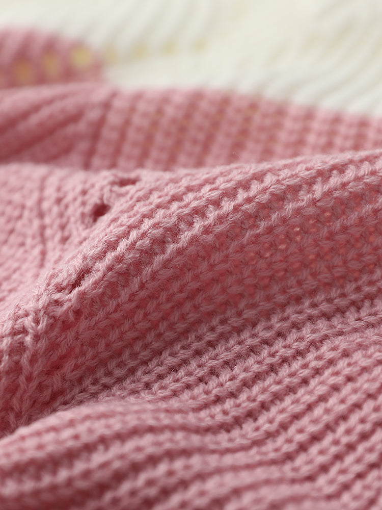 Colorblock Contrast Pointelle Knit V Neck Knit Top