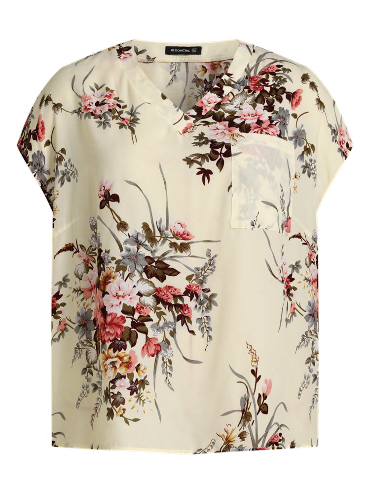 V Neck Floral Print Pocket Blouse