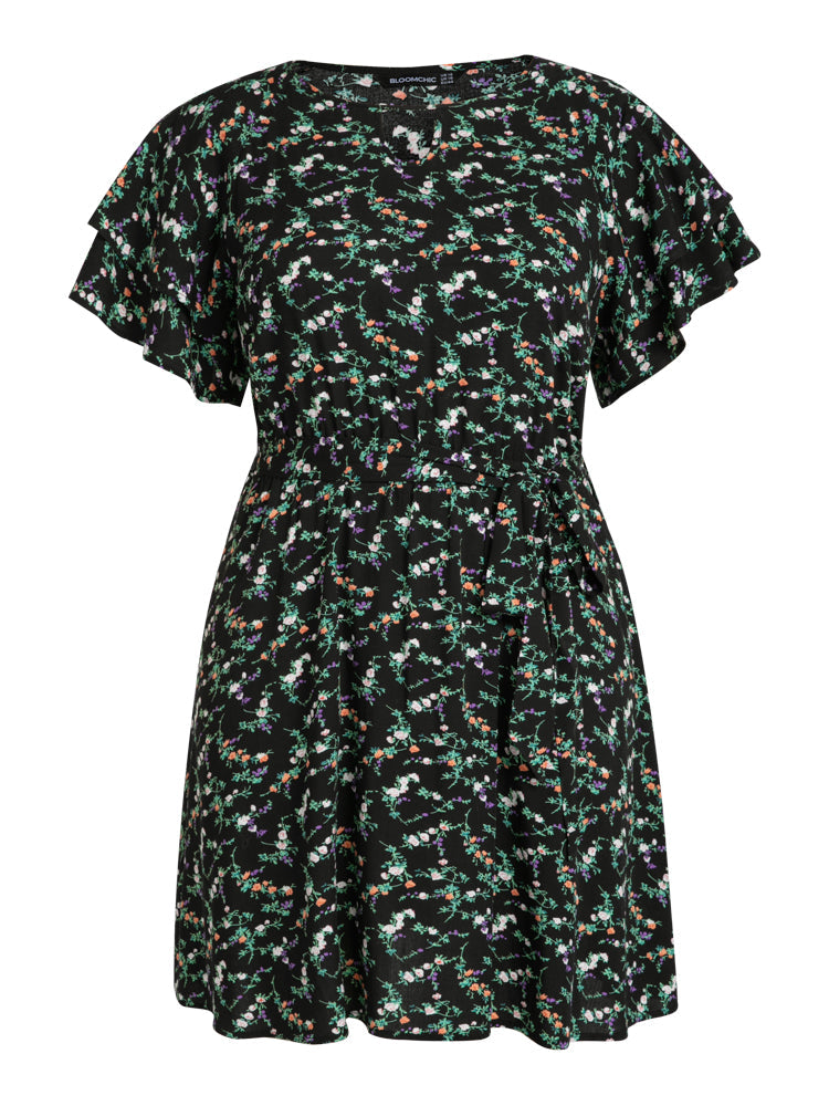 Bloom Dress - Ditsy Floral Ruffles Keyhole Shorts Dress