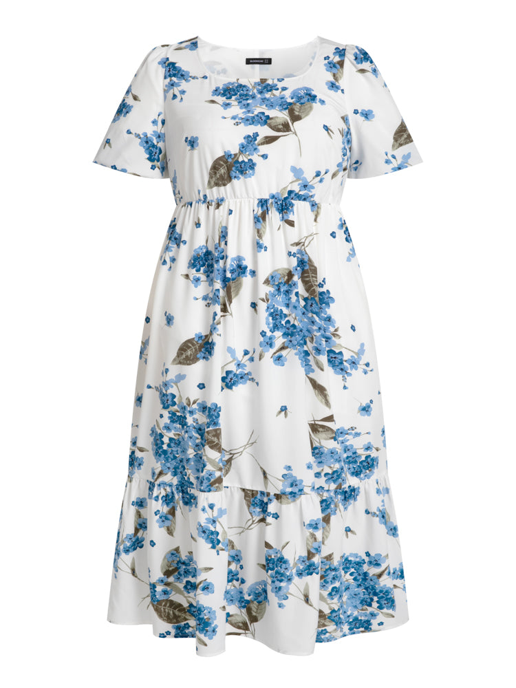 Square Neck Puff Sleeve Pocket Floral Maxi Dress