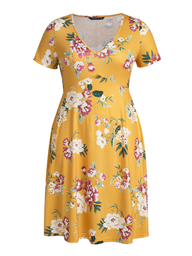 Floral Print V Neck Short Dress