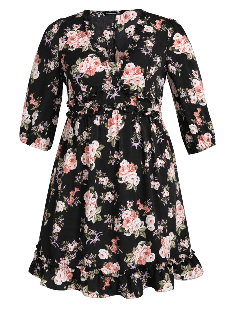 Floral Print Elastic Waist Ruffles Dress