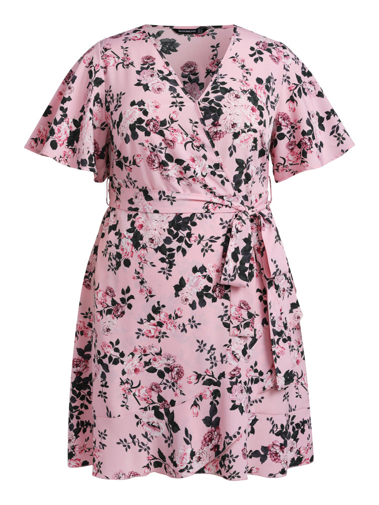 V Neck Floral Print Wrap Side Knot Knee Dress