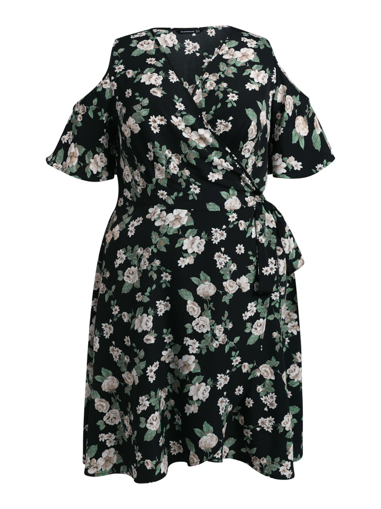 Floral Print Cold Shoulder Side Knot Knee Dress