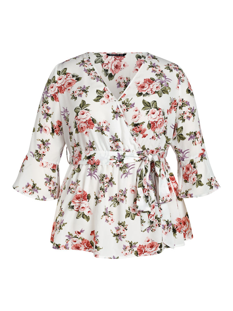 V Neck Floral Ruffle Belted Blouse