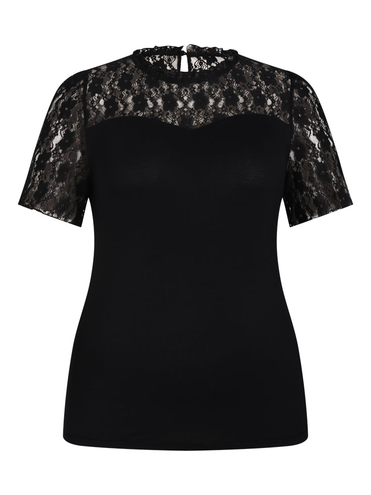 Black Contrast Lace Sleeve T-shirt