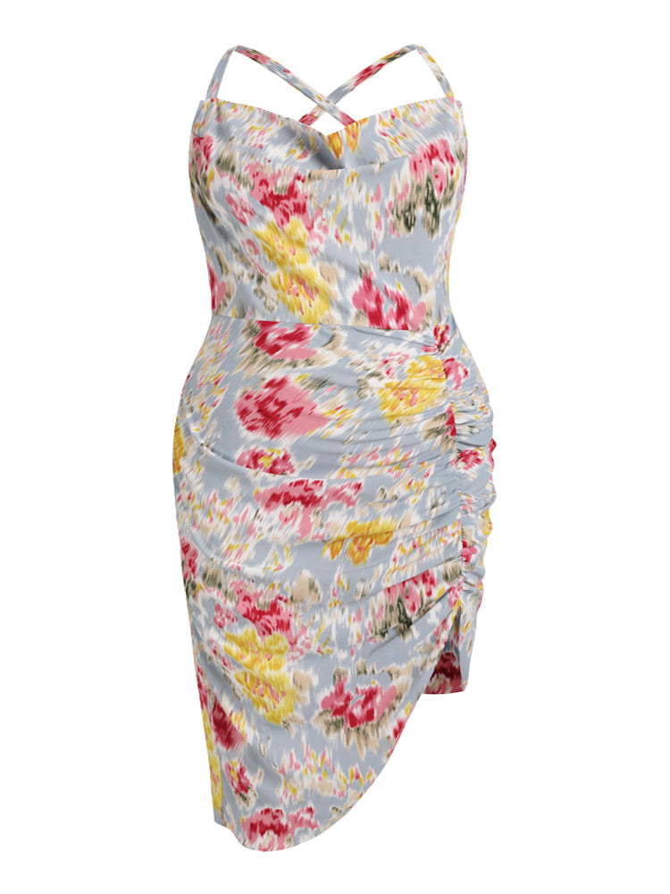 Floral Cowl Neck Ruched Split Cami Dress