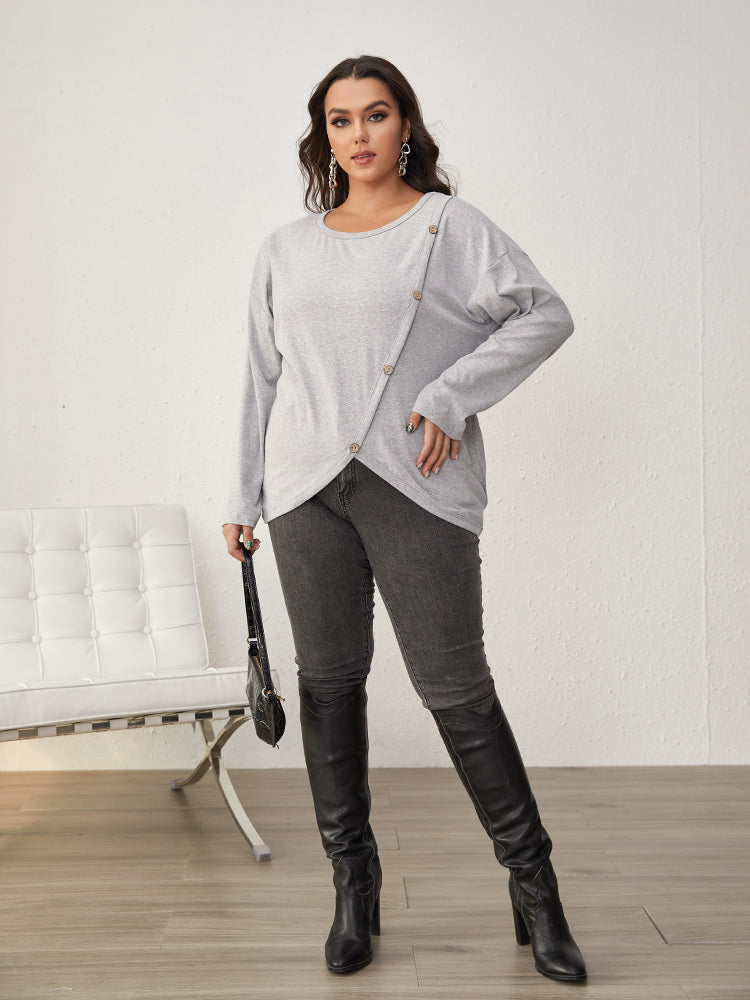Button Round Neck Regular Sweatshirt