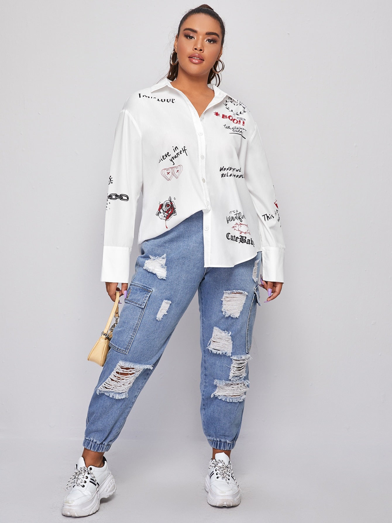 Slogan Graphic Drop Shoulder Blouse