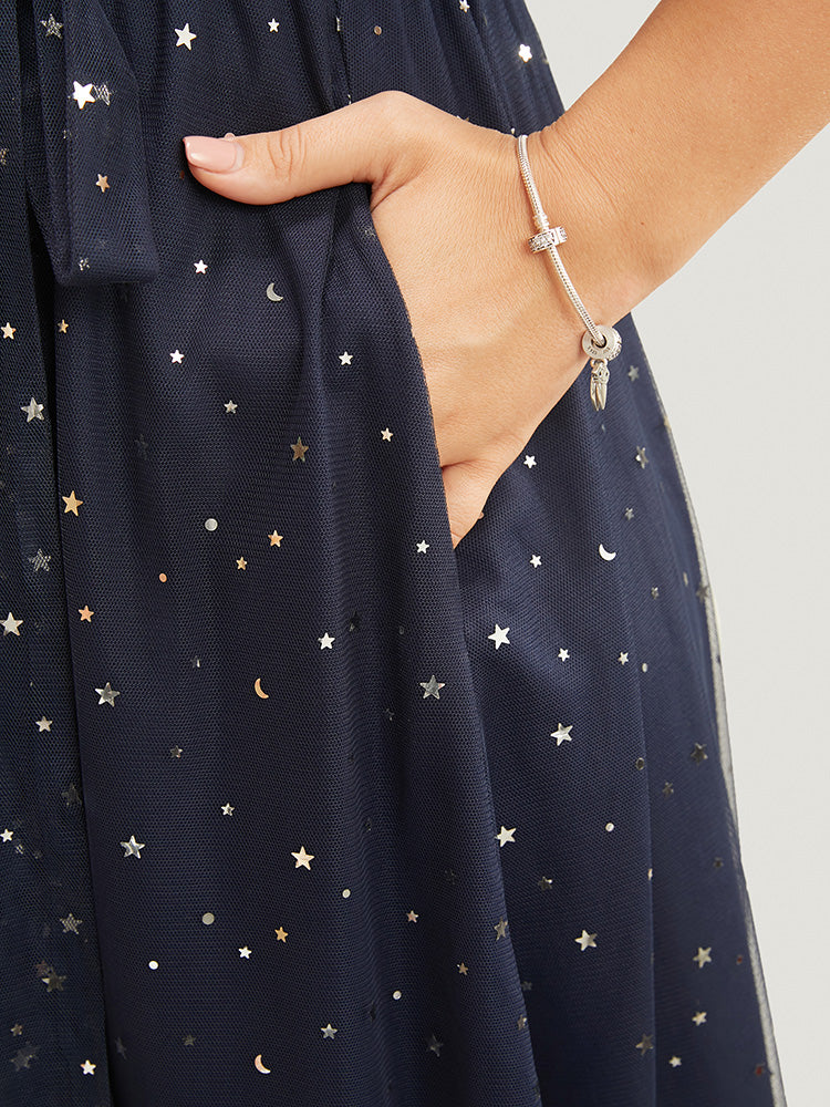 Moon And Star Notched Pocket Mesh Belted Flutter Dress