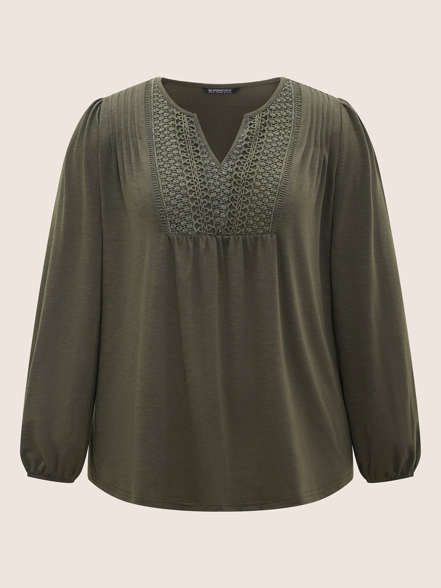 Notched Lace Panel Lantern Sleeve T-shirt