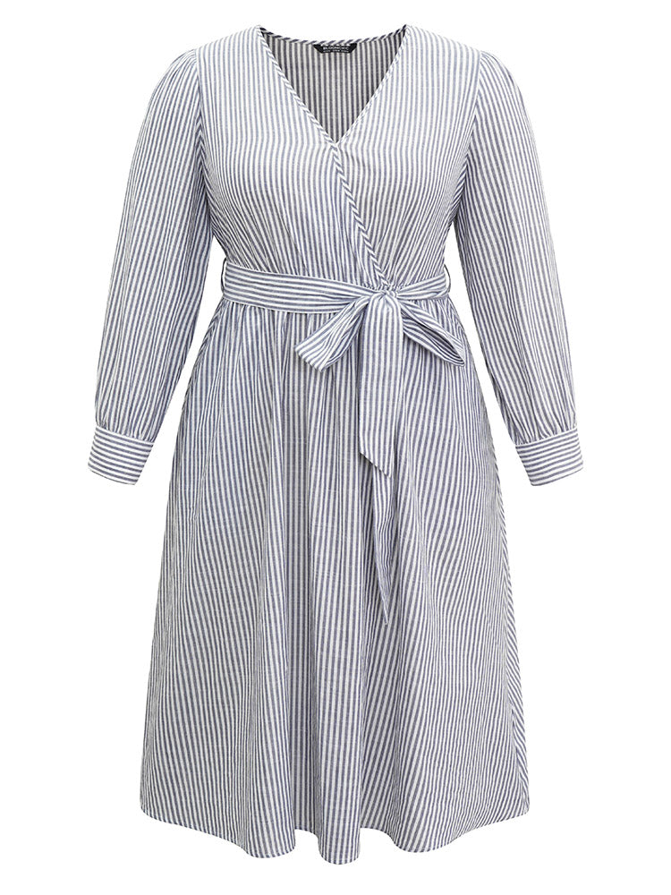 Cotton Striped Belted Overlap Collar Dress