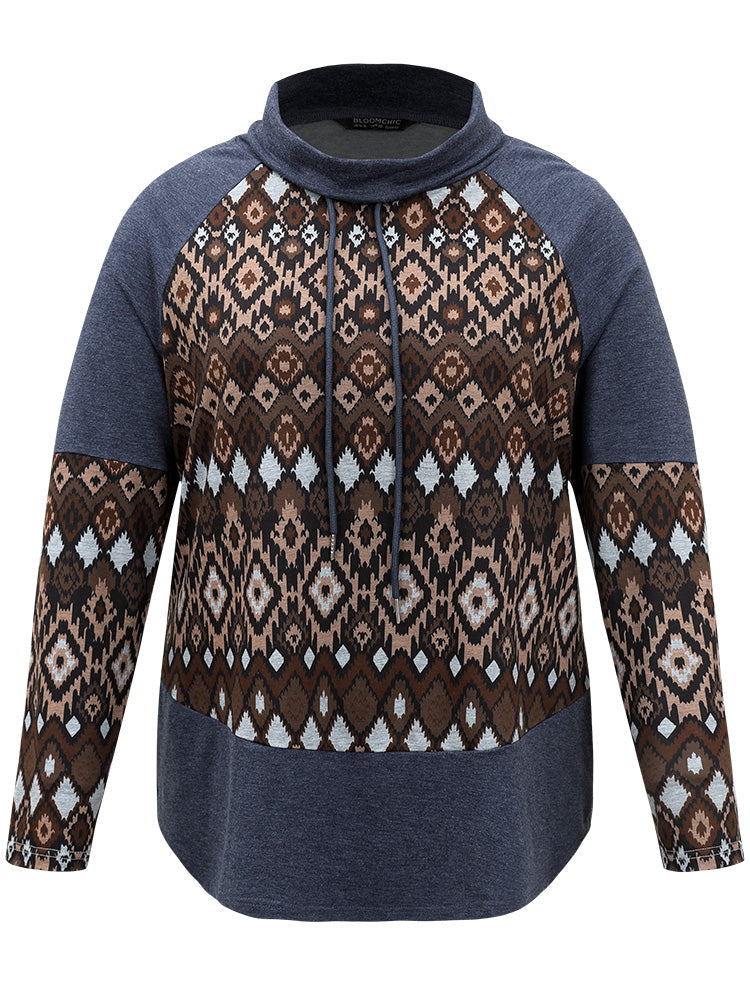 Bandana Patchwork Mock Neck Raglan Sleeve Sweatshirt