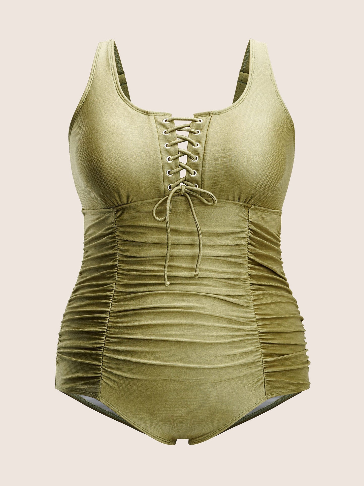 Solid Lace Up Gathered One Piece Swimsuit