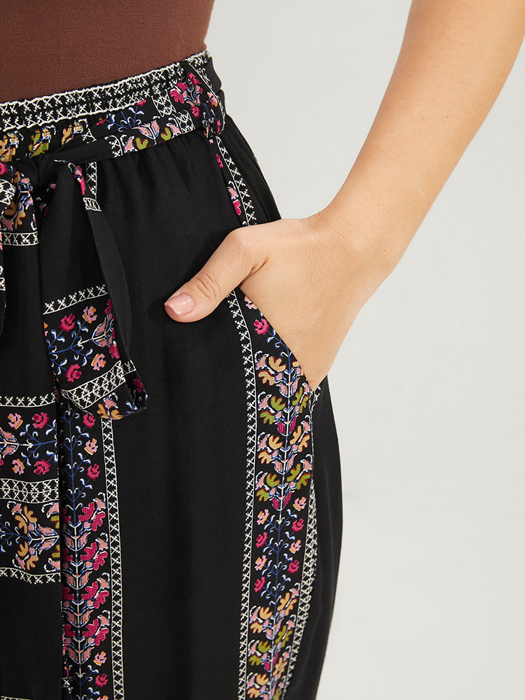 Striped Contrast Pocket Elastic Waist Belted Pants