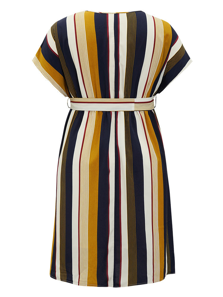 Striped Patchwork Belted Ruffles Pocket Dolman Sleeve Dress