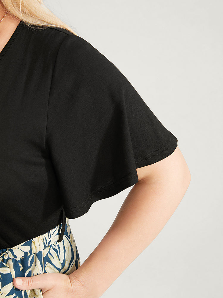 Plant Patchwork Ruffle Sleeve Pocket Belted Dress