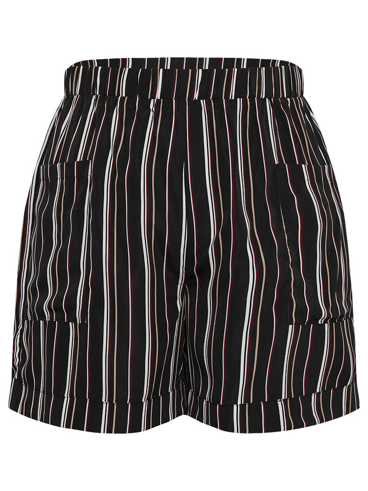 Striped Print Pocket Roll Hem Shorts