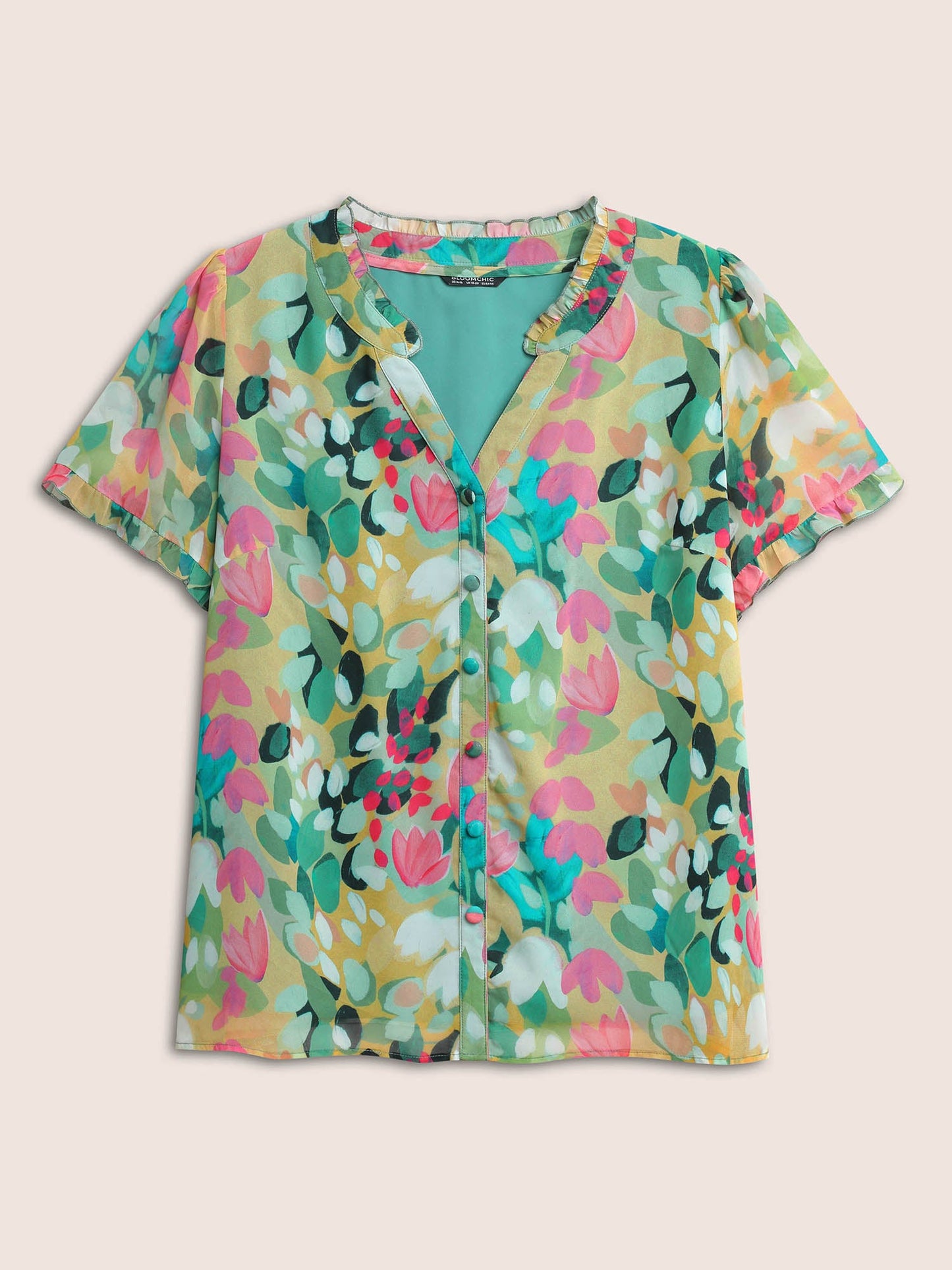 Floral Print Frill Trim Button Detail Blouse