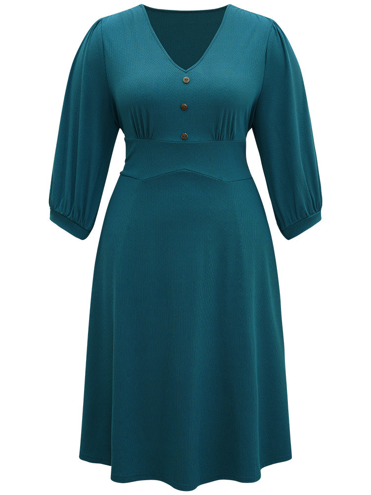 Rib Knit Bowknot Ties Button Detail Gathered Dress